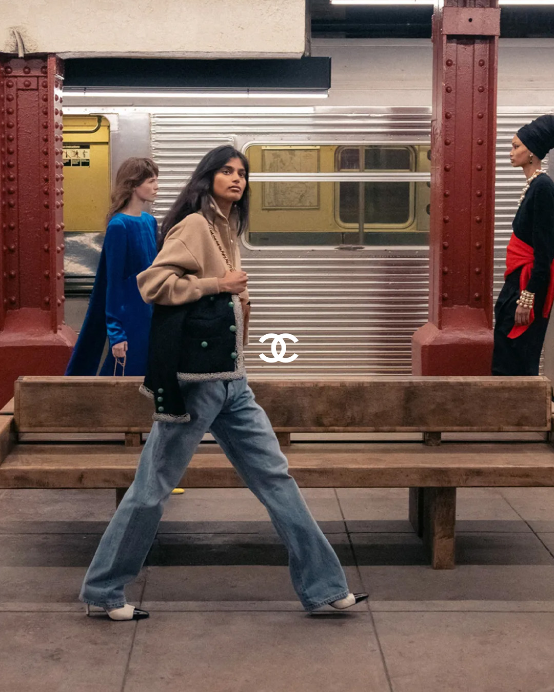 Model Bhavitha Mandava opening Chanel Métiers d’Art show on a New York subway platform, represented by 28Models